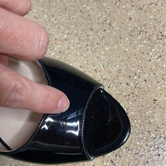Nine West "Gilded" Black Patent Faux Leather Open Toe Platform Heels sz 8 - Picture 15 of 16